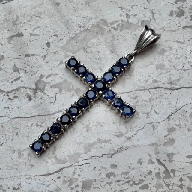 925 Sterling Silver Dark Blue Stone Cluster Cross Pendant 2.4g 1.5 Inch