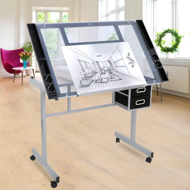 ADJUSTABLE DRAWING Desk Drafting Table Art Craft Station Tempered Glass