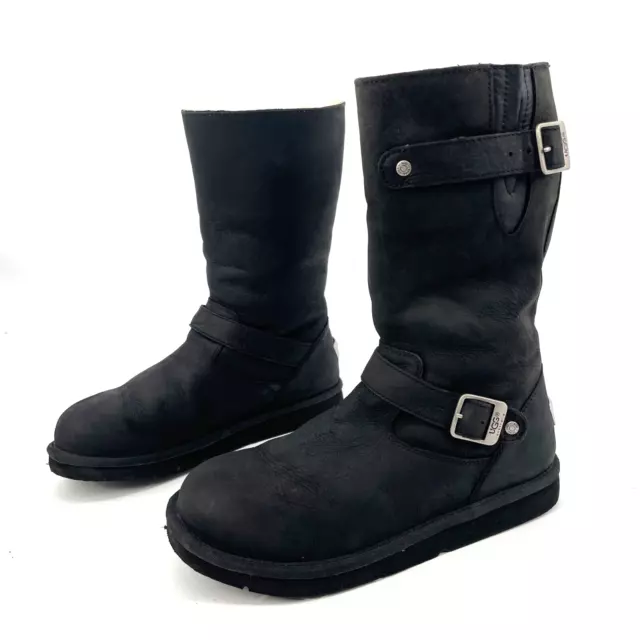 UGG Women’s 10 KENSINGTON Boots Black Leather sheepskin buckle logo 5678 tall