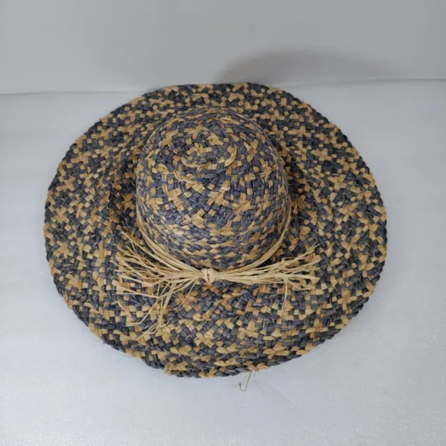 Kathy Jeanne Natural Straw & Blue  Hat Rolled Brim Sun Hat Raffia Tie