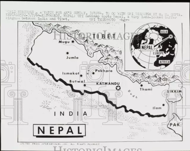 1964 Press Photo A map of Nepal, a tiny kingdom between India and Tibet