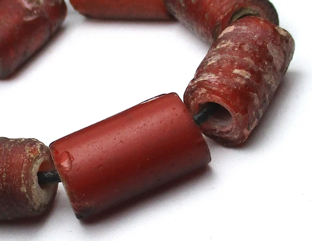 7 Rare Well Worn  Old Cranberry Red/White Venetian White Heart Antique Beads