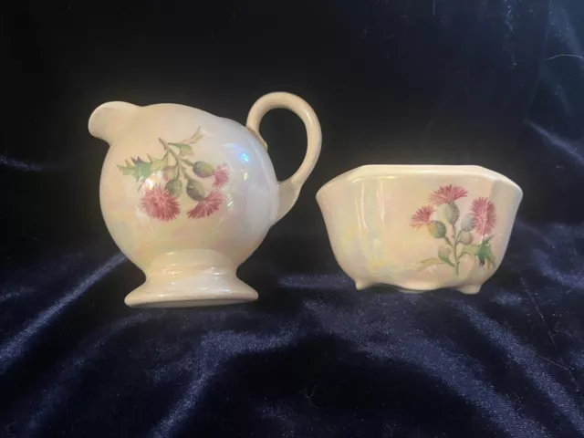 Vintage Pink Cream Lustre Cream Jug & Pot “Thistle” Royal Winton/ Grimwades VGC