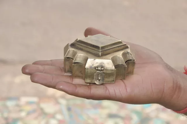 Vintage Brass Unique Shape 4 Compartment Betel Nut Box , Rich Patina
