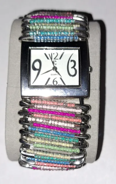 Charming Charlie  Safety Pin Beaded Stretch Watch Silver Multicolored Band