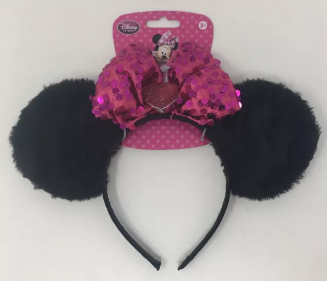 Disney Junior Minnie Mouse Plush Ears Headband Crystal Heart Sequin Bow