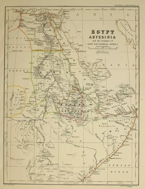 1874 Antique Map Egypt Abyssinia East Equatorial Habesh Nubia Cairo Mecca