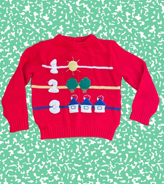 Vintage 80s Kids Sweater 3T Red Primary Colors Numbers Retro Toddler Youth Park