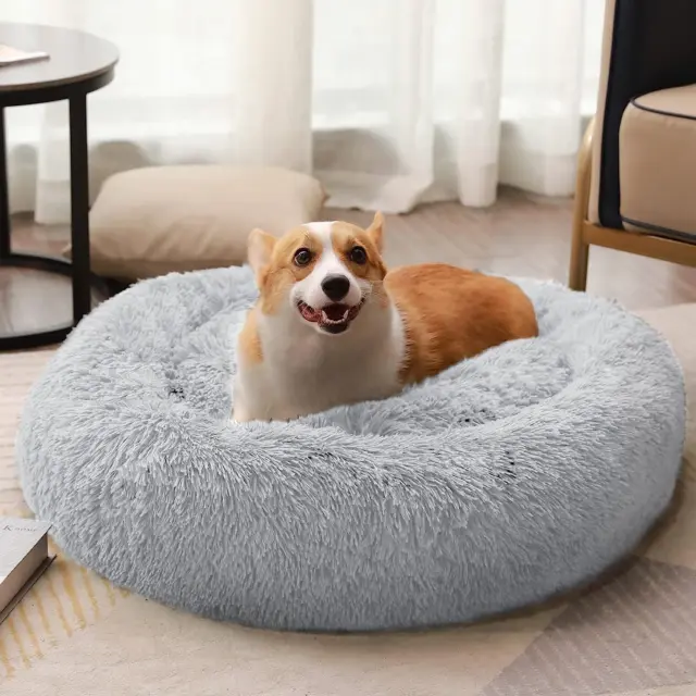 Calming Donut Cat Dog Bed round in Shag Faux Fur Fits Small Medium Large Pets