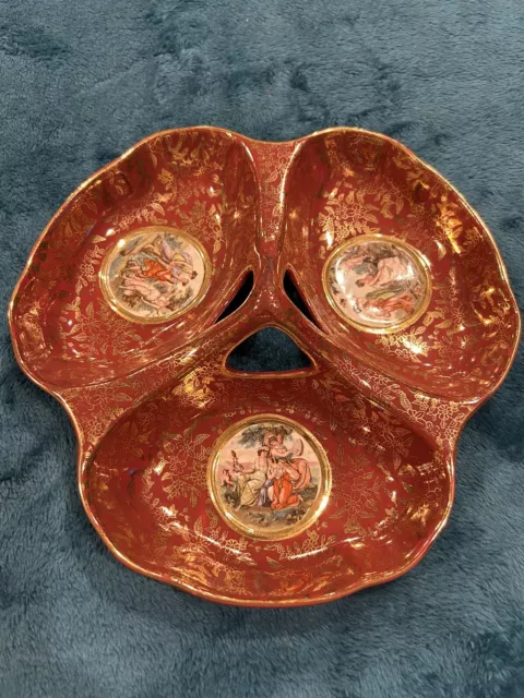 VINTAGE 1930s Empire England Divided Dish / Candy Nut Red Gold Trim Goddess