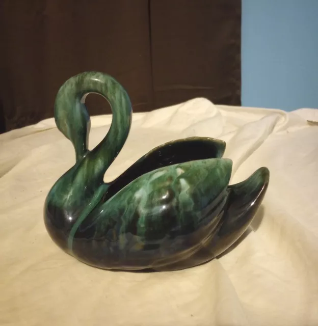 Vintage Blue Mountain Pottery Swan Planter Vase Green Drip Glaze Canada Vase