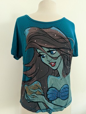 Disney Ariel Top T-shirt Junior SM Little Mermaid Glasses Hipster Turquoise Cut Back 
