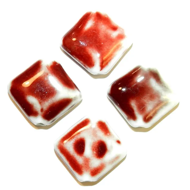 CPC266 Red on White 28mm Flat Square Diamond Porcelain Beads 8pc