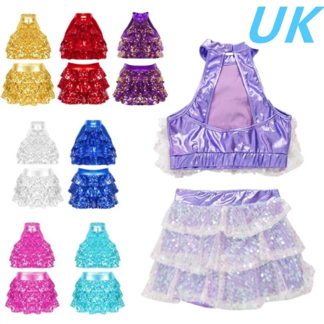 Kids Girls 2pcs Sequins Latin Jazz Modern Dance Costume Crop Top with Skirts Set