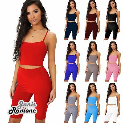Womens Plain Strappy Crop Top Cycling Short Set Casual Co-ord Summer Loungewear