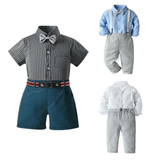 Kids Baby Boys Stripe Outfit Gentleman Bow Tie Shirt Shorts Pant Waist Belt Set