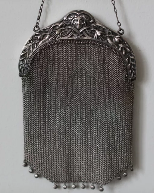 Antique Art Nouveau Sterling Silver Mesh Evening Purse With Lady's Face