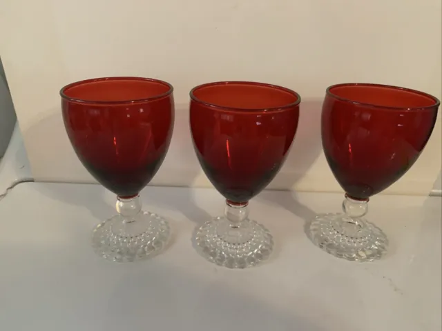 Anchor Hocking Ruby Red Bubble Foot Srem 5-1/2" Water/Wine Goblets Set(s) of 3