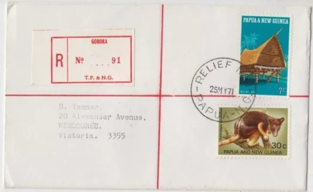 Stamp Papua New Guinea 1971 cover sent registered GOROKA RELIEF No 1 postmark