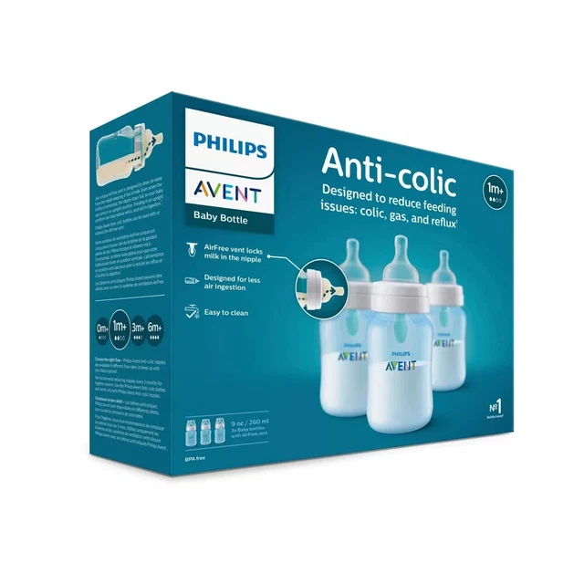 Philips Avent Anti-Colic Baby Bottle with AirFree Vent - Blue - 9oz/3pk - NEW