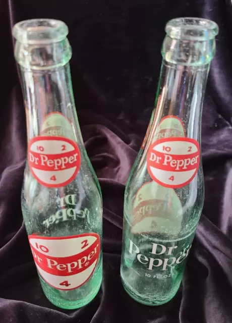 Lot of two 1960s Vintage Dr Pepper Empty Bottle 10 Oz Clear Green Glass