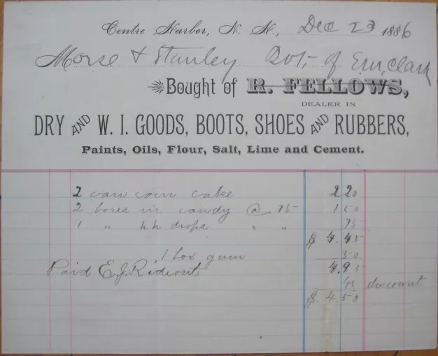 Centre Harbor, NH 1886 Letterhead: Boots/Shoes/Rubbers - New Hampshire