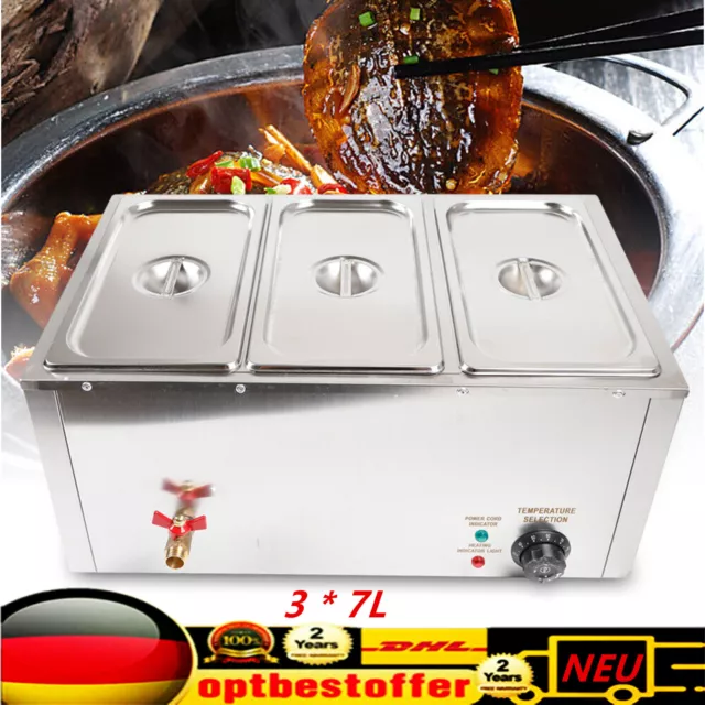 3 Behälter Edelstahl Bain Marie Wasserbad Speisenwärmer Warmhalter 220V 850W DE