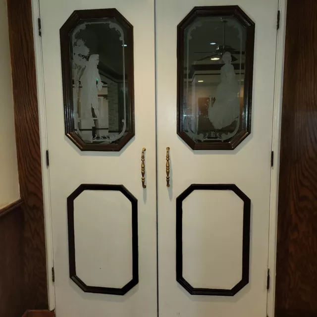 Vtg pair of Bar / Restaurant Double Swing Kitchen Doors. Wood w/etched Glass Art