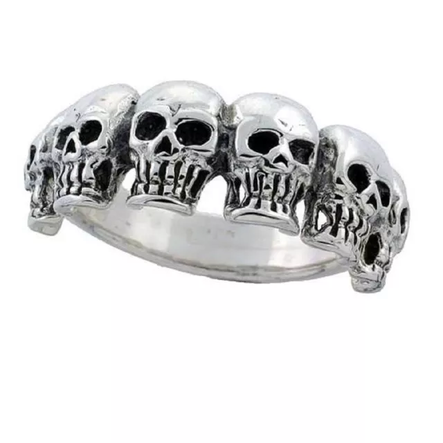 Sterling Silver 6 Skull Biker Ring