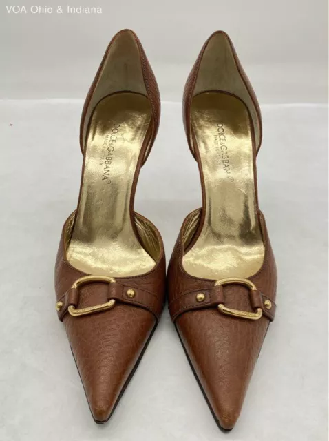 Dolce & Gabbana Brown Leather Buckle Detail Pointed Toe High Heels - Size 37.5