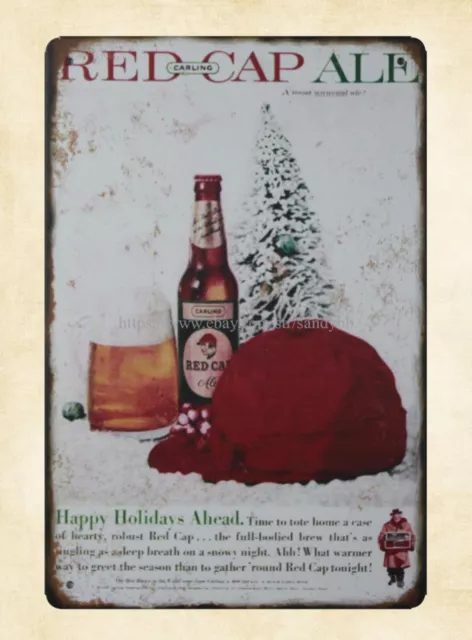 room decor ideas RED CAP ALE Happy Holidays Ahead metal tin sign