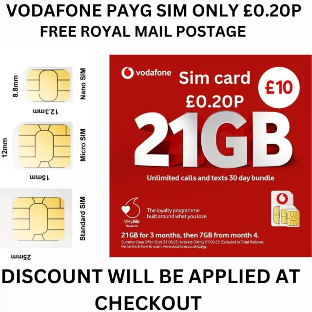 VODAFONE SIM Card PAYG Nano/Micro/Standard TRIO SIM CARD UK Pay As You Go - 20p