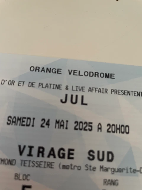 JUL VÉLODROME 2 billets places assises numérotées Virage Sud. EUR 250