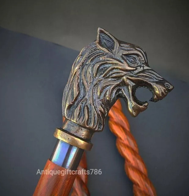 Antique Wolf Head Handle Wooden Cane Walking Stick Vintage Handmade Design Gift 2