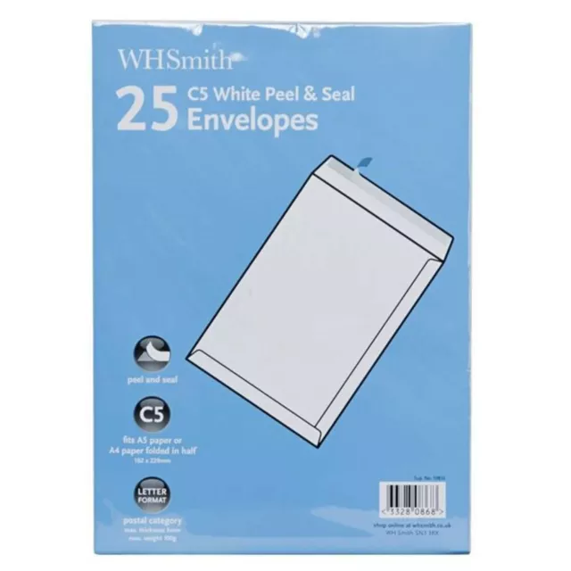 WHSmith C5 White Peel and Seal Envelopes Letter Format Pack of 25