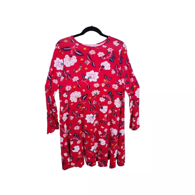 Old Navy Dress Small Womens Red Floral Long Sleeve Crew Neck Pullover Midi Summe