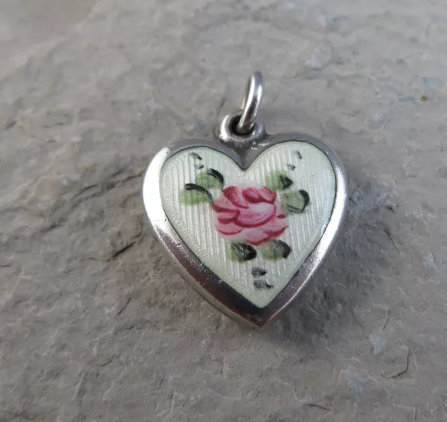 Vintage Red/Pink Rose Enamel Puffy Heart Pendant Charm 925 Sterling Silver #118