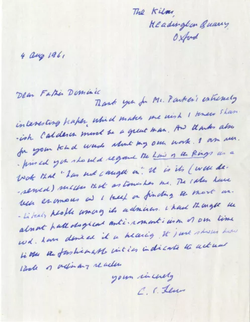 CS LEWIS Signed Letter - Writer / Author / Poet / Humourist - 'RINGS' preprint