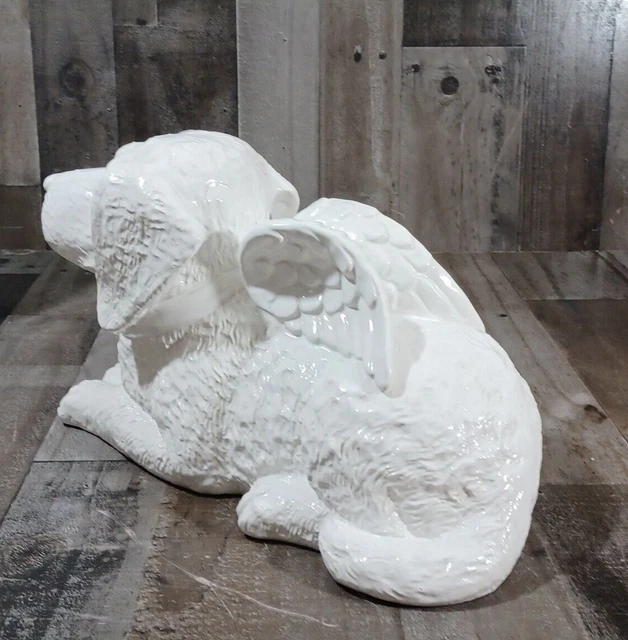 LARGE 15×9x8 LAYING PUPPY DOG GUARDIAN ANGEL STATUE SCULPTURE WHITE CERAMIC 8