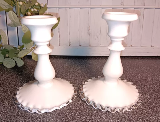 Vintage Fenton White Milk Glass Silver Crest Candlesticks 6" Candle Holder Set 2