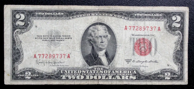 1953 Series $2 Two Dollars Bank Bill Note, United States, Red Seal  FREE SHIP