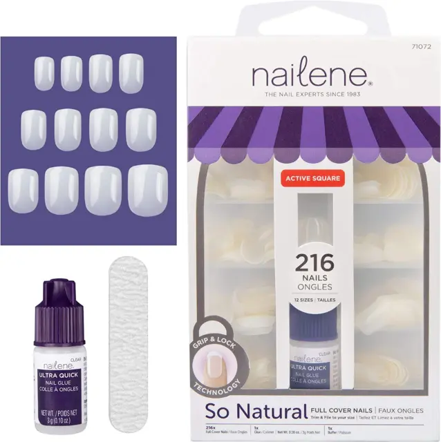 Nailene So Natural Full Cover Active Square 216 Nail Tips with glue