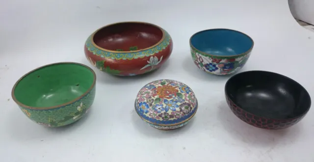 CHINESE BOWLS Antique HAND PAINTED Made Floral BRASS Miniature Ethnic Decor Art