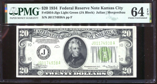 1934 $20 Federal Reserve Note Kansas City LGS Light Green PMG 64EPQ #J01174938A