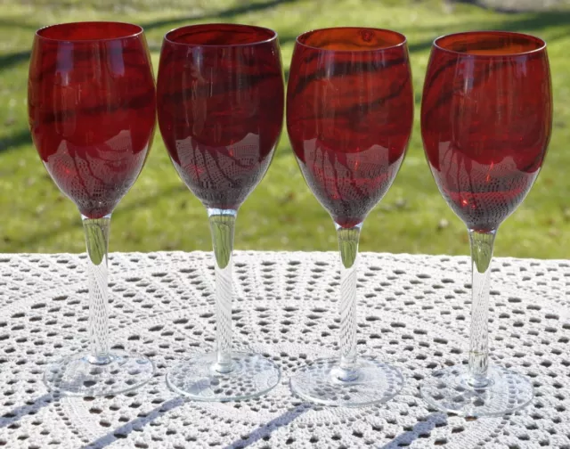 4 Ruby Red Wine Glasses Clear Stem & Base