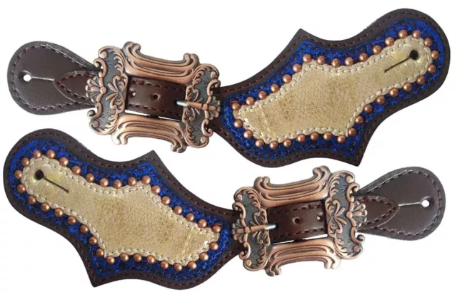 Showman Ladies Leather Spur Straps w/ Metallic Gold & Royal Blue Overlay