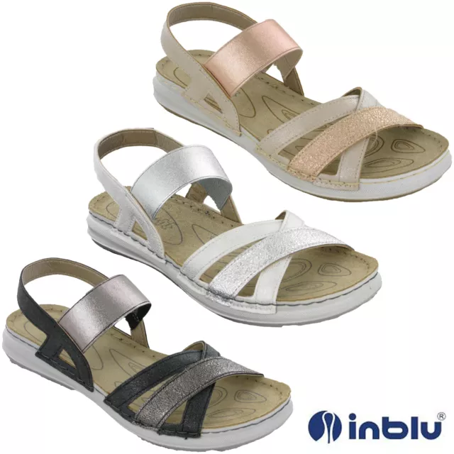 Ladies Open Toe Sandals Leather Slingback Flat Inblu Elasticated Comfort Shoes