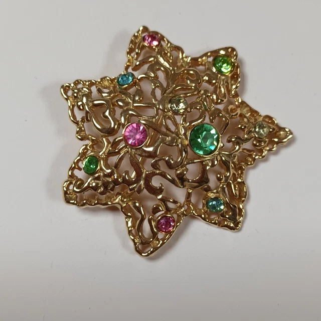 Broche Vintage Strass Rouges Sur Métal Doré - Années 80/90, Occasion, Sans Marque, En Alliage
