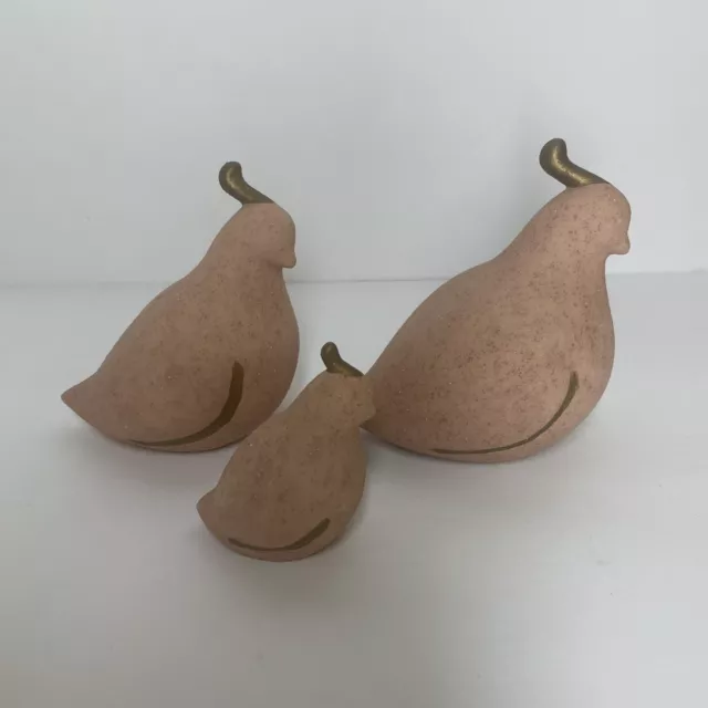 Hand painted Ceramic Quail Figurines Gold And Dusty Peach Family Set Of 3