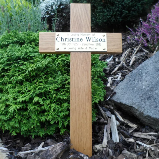 17" Oak Wooden Memorial Cross Wood Grave Marker Personalised Engraved Plaque pet